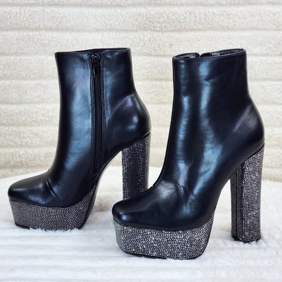 Nikki Black Leatherette Rhinestone Platform Chunky Heel Ankle Boots - Picture 7 of 17
